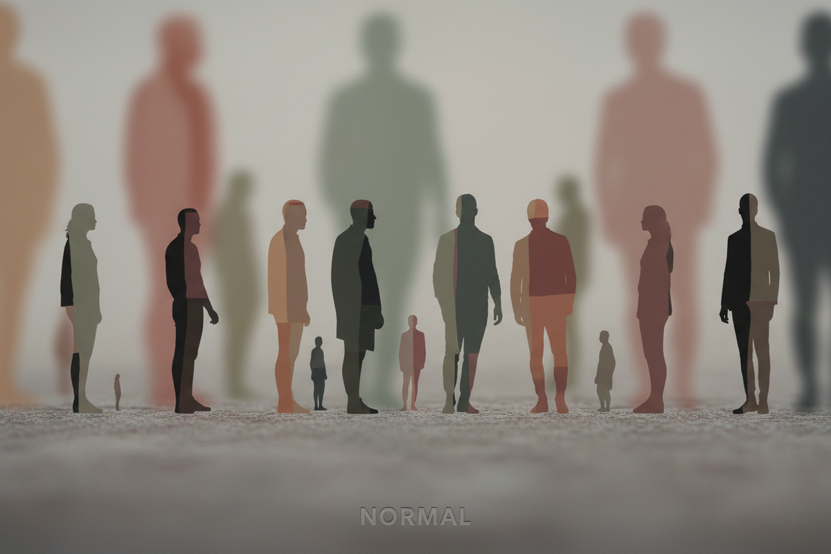 Illustration of diverse human silhouettes of varying heights and sizes in muted earth tones, with the word 'NORMAL' at the bottom, exploring the concept of what is considered normal.